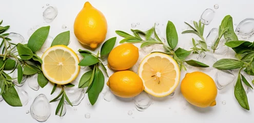 Foto op Plexiglas Slices of fresh juicy oranges and lemons in water. Citrus fruits slices in splash. Vibrant color summer design. Flat lay, top view  © ratatosk