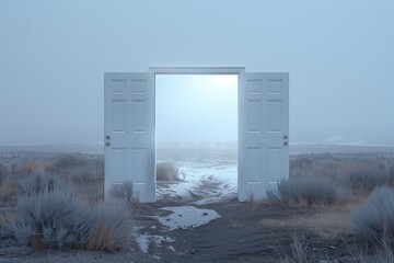 White abstract door in the middle of a desert. Door in the middle of nothing. Outlands.