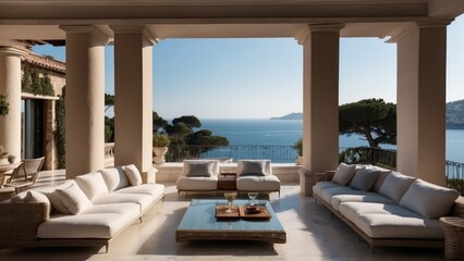 Fototapeta premium Exquisite mansion perched on the serene shores of the French Riviera, offering sweeping views of the azure Mediterranean and private terraces overlooking the coastal beauty