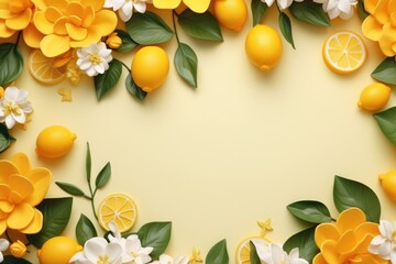 Border with lemon fruit and flowers on yellow background. Floral frame with tropical citrus. Summer...