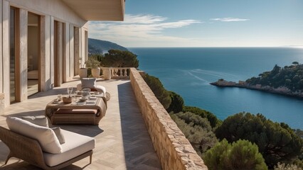 Fototapeta premium Exquisite mansion perched on the serene shores of the French Riviera, offering sweeping views of the azure Mediterranean and private terraces overlooking the coastal beauty