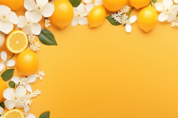 Naklejka na ściany i meble Border with lemon fruit and flowers on yellow background. Floral frame with tropical citrus. Summer or spring template with copy space. Tropical vintage card, banner, mockup