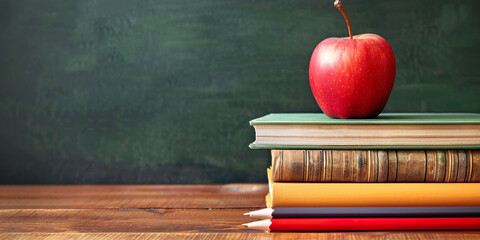 Books and apples on teacher's desk. Back to school, teacher's day