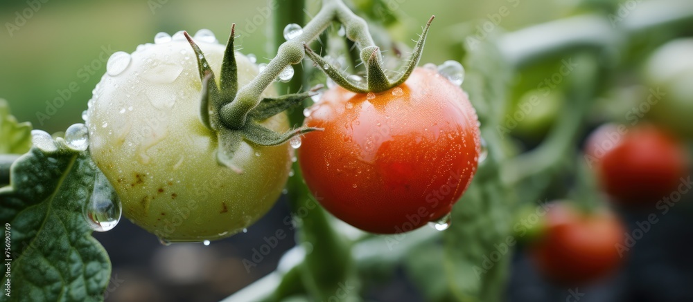 Wall mural two plum tomatoes, part of the bush tomato plant, are thriving with water drops on them. they are na