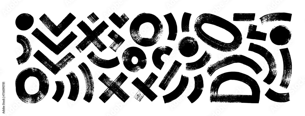 Poster geometric simple brush drawn shapes collection with dry texture. various hand drawn figures, bold li