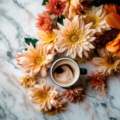 Obraz na płótnie Canvas Creative layout made of orange and red flowers, leaves and coffee cup on white marble background. Flowers composition. Hot drinks, seasonal offer concept. Flat lay, top view with copy space