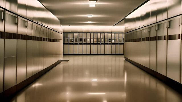 Long Hallway With Lockers and Lights Generative AI