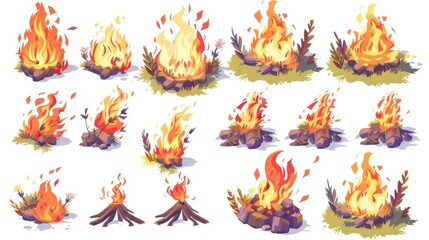 fires flames, white background, isometric view