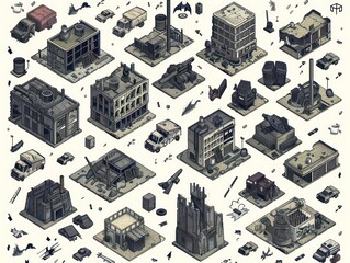 post-apocalyptic city district, isometric, dark