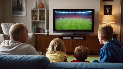 Father with his children in the living room at home watching a football game on television.