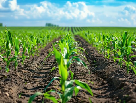field of agriculture, planting a corns, person planting a seedling, corn field in spring