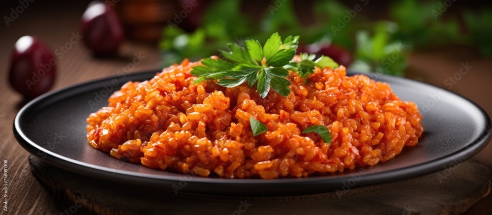 Sticker a black plate featuring a serving of jasmine rice and parsley, a staple food ingredient commonly use