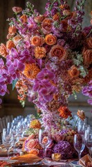 Incredible flower arrangement at a wedding / dinging table, elegant dining, with glasses and luxurious sophistication