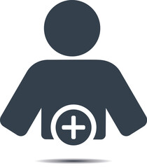 User profile icon. Person silhouette with a plus sign. Add friend vector icon.