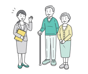 スーツ姿の女性から説明を受ける高齢者男女夫婦イラスト

