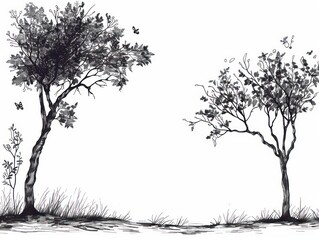 trees with branches and leaves at periphery line drawing