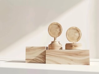 wood podiums, high a light-colored wooden platform, the setting is pure white