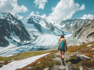 In summer, a girl traveler walks with a backpack along a challenging trail in the mountains,...