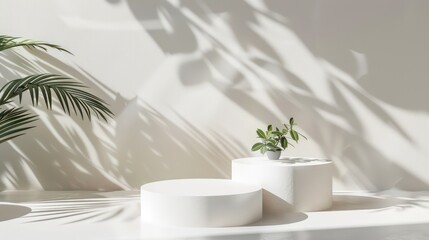 Obraz na płótnie Canvas cosmetic white podiums for product showdown, white background, foliage shadows