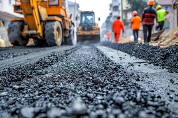 Workers with tools on paved road, road markings on asphalt