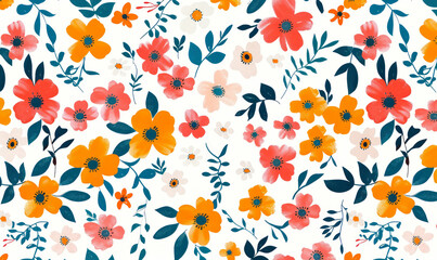  bright floral pattern on white textile with orange and red blooms
