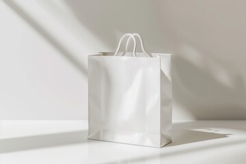 white paper bag mockup with hard shadow on white uniform background 