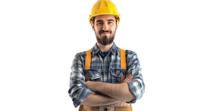 young man adult foreman worker cross arm foreman worker of raising up 
