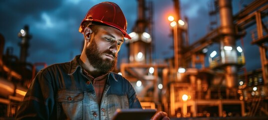 Senior male engineer analyzing operational parameters on tablet in oil refinery with heavy machinery