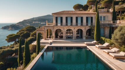 Fototapeta na wymiar Exquisite mansion perched on the serene shores of the French Riviera, offering sweeping views of the azure Mediterranean and private terraces overlooking the coastal beauty