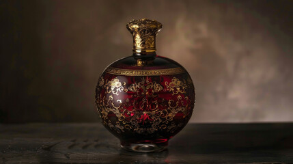 A dark mysterious bottle filled with a deep red liquid adorned with intricate gold designs evoking a sense of mystique and power in traditional mineralbased medicine.