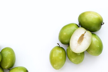 Green jujube fruits on white background.