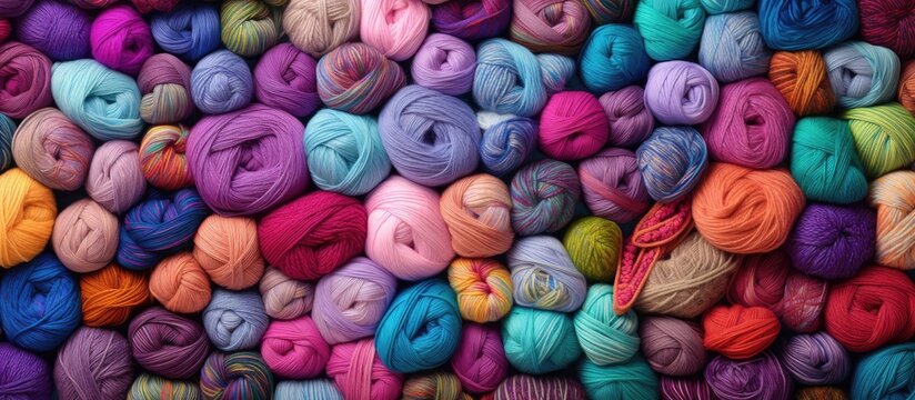 A stack of vibrant balls of yarn in shades of purple, pink, and azure, ready for creative arts and textile projects. Each ball is like a colorful organism, bursting with potential