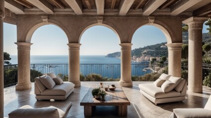 Obraz na płótnie Canvas Exquisite mansion perched on the serene shores of the French Riviera, offering sweeping views of the azure Mediterranean and private terraces overlooking the coastal beauty