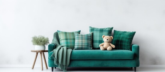 Interior wall mock up with velvet sofa, pillows, plaid and pine branch in vase on empty white background.