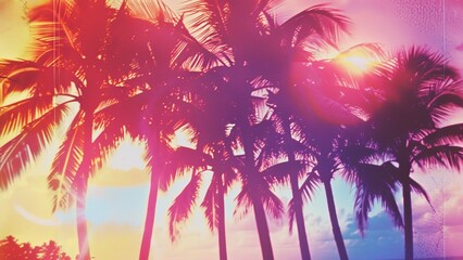 Retro summer colorful theme texture background with palm trees and a 1980s polaroid vintage style look. Miami dance party vibes. 