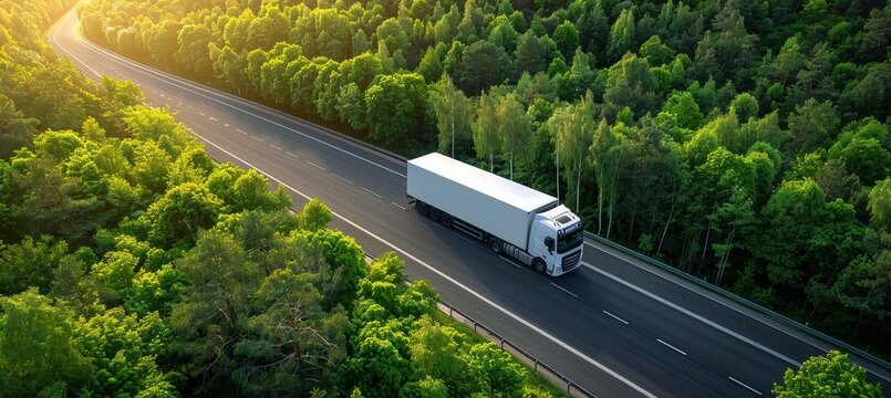 Aerial drone view of car and truck moving on highway road captured from top perspective