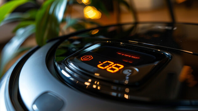 A closeup of the mops LED display showing the remaining battery life and selected cleaning mode.