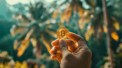 Hand holding a golden Bitcoin with palm trees out of focus in the background