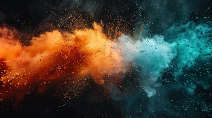 Fotobehang Colored powder explosion. Green, white and orange colors dust on black background. Multicolored powder splash background © Jennifer