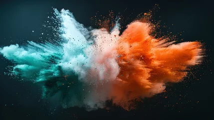 Fotobehang Colored powder explosion. Green, white and orange colors dust on black background. Multicolored powder splash background © Jennifer