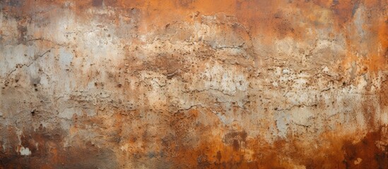 A closeup of a weathered rusty metal surface resembling a unique art piece with brown hues and intricate patterns, blending in with natural landscape elements like grass and wood