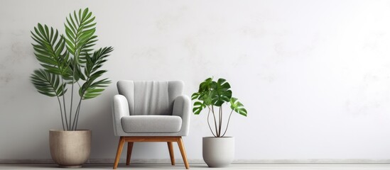 Armchair and plants against a white wall.