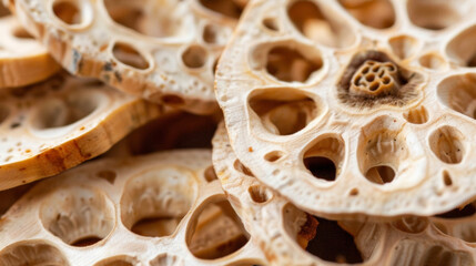 A closeup of a dried lotus root often used in Chinese herbal remedies for its ability to cool the body and eliminate toxins.