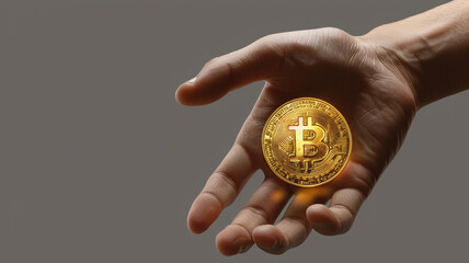 Wallpaper background of a hand holding a gold Bitcoin in it's palm with a gray background