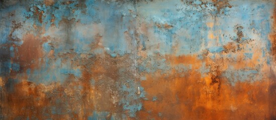 A detailed closeup photo of a rusty metal surface showcasing a unique blue and orange colored...