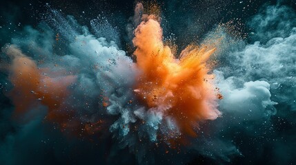 Colored powder explosion. Green, white and orange colors dust on black background. Multicolored powder splash background - obrazy, fototapety, plakaty