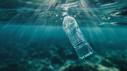 plastic bottle floating in the water, plastic pollution advertising photo - obrazy, fototapety, plakaty