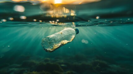 plastic bottle floating in the water, plastic pollution advertising photo