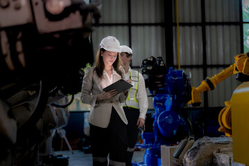 Fototapeta na wymiar Business woman and man meeting and checking new machine robot. Engineer walking at warehouse industry machine. business negotiation concepts and technology. woman is Using smart Tablet to present man.