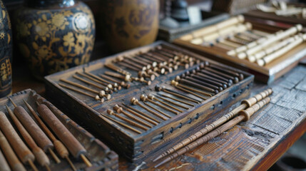 Delicate handcarved wooden tools used in acupuncture and other traditional healing practices are proudly displayed on a vintage table. - obrazy, fototapety, plakaty